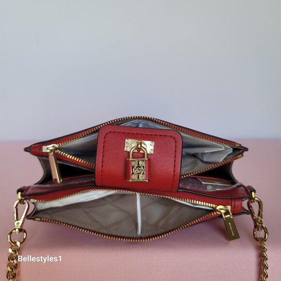 MICHAEL KORS Ruby Small Double-Zip Saffiano Leather Crossbody Bag- Crimson ⭐ - Picture 13 of 16